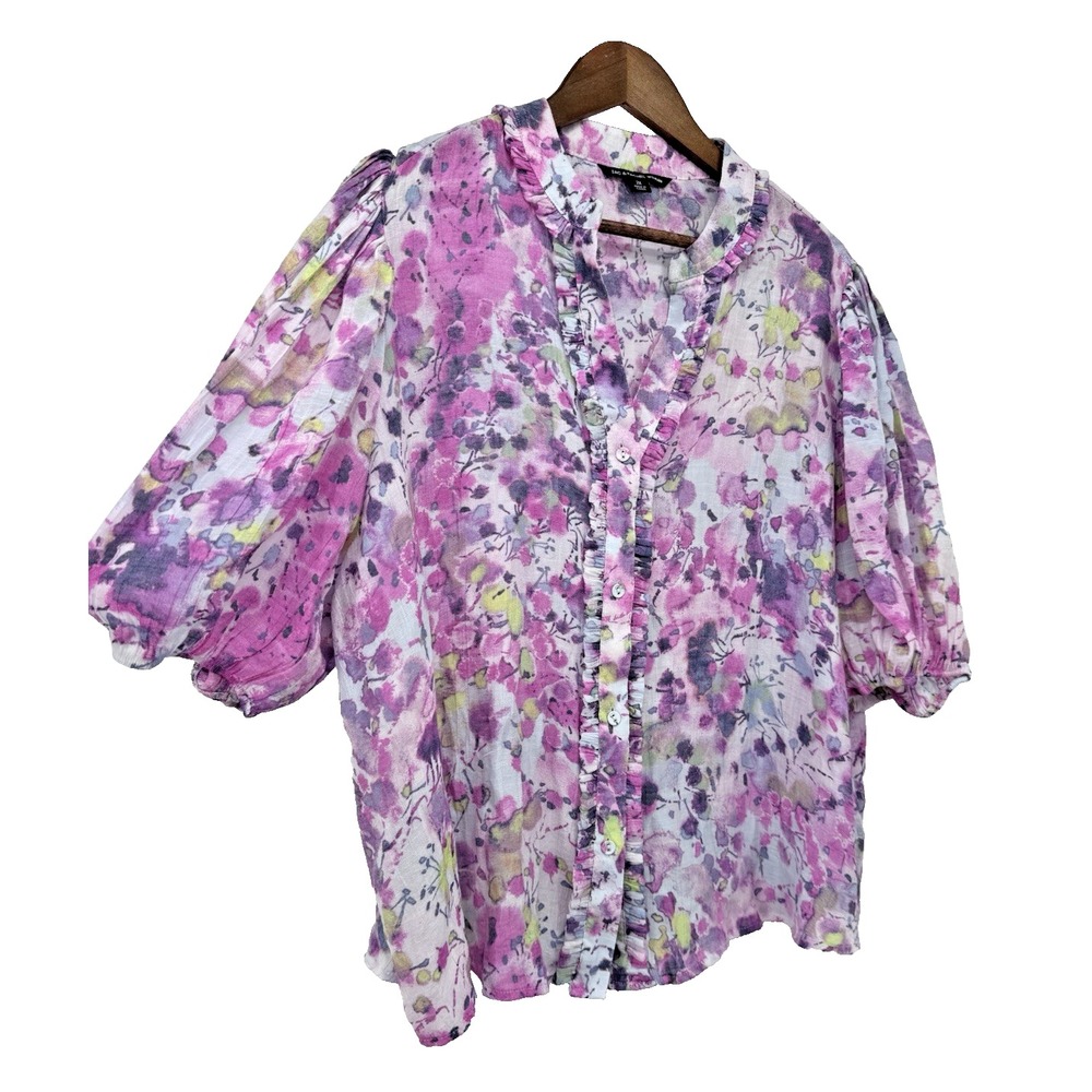 Short Sleeve Sheer floral gauze blouse puff sleeve button up fairy watercolor